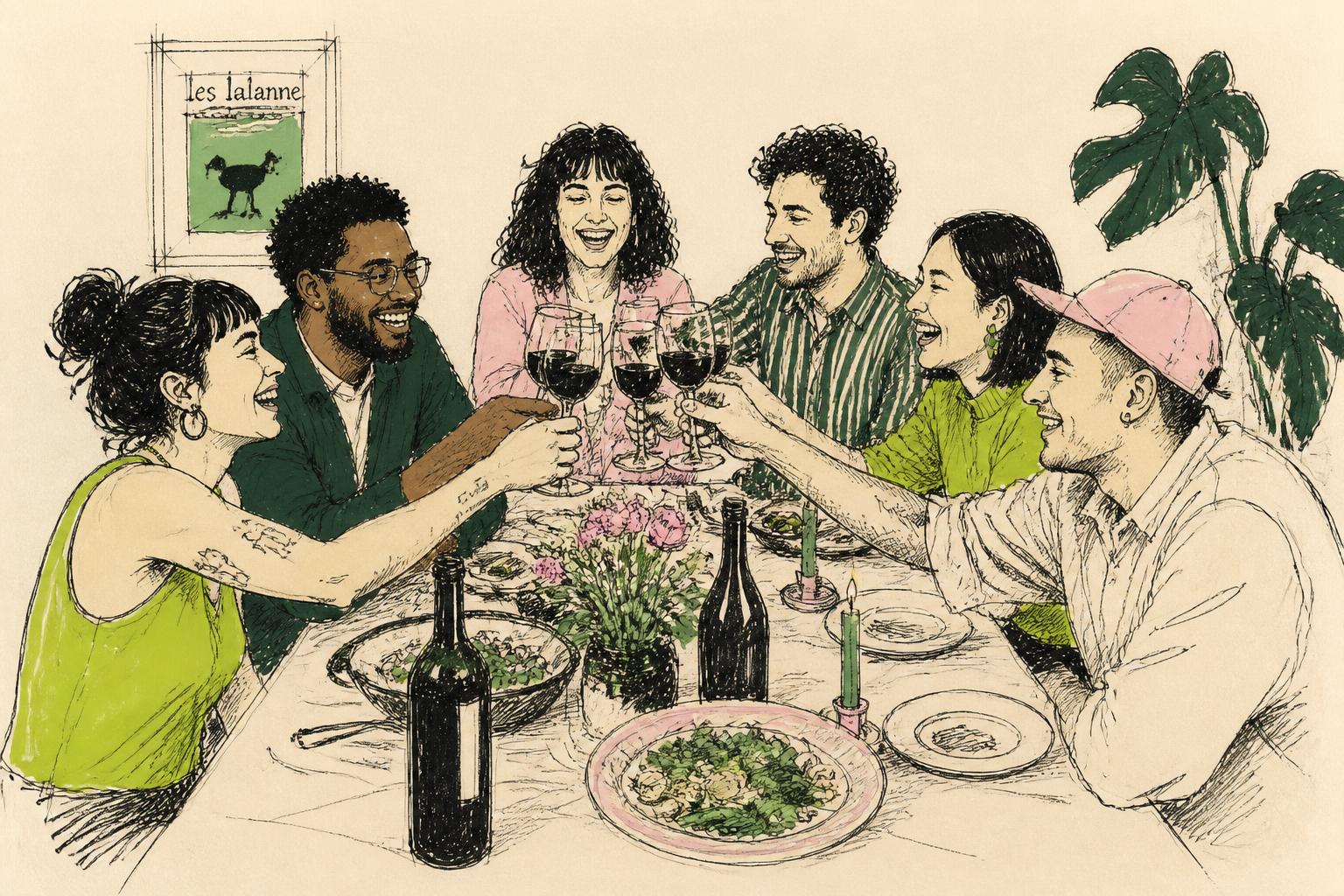 Hand-drawn illustration of a group of people laughing together