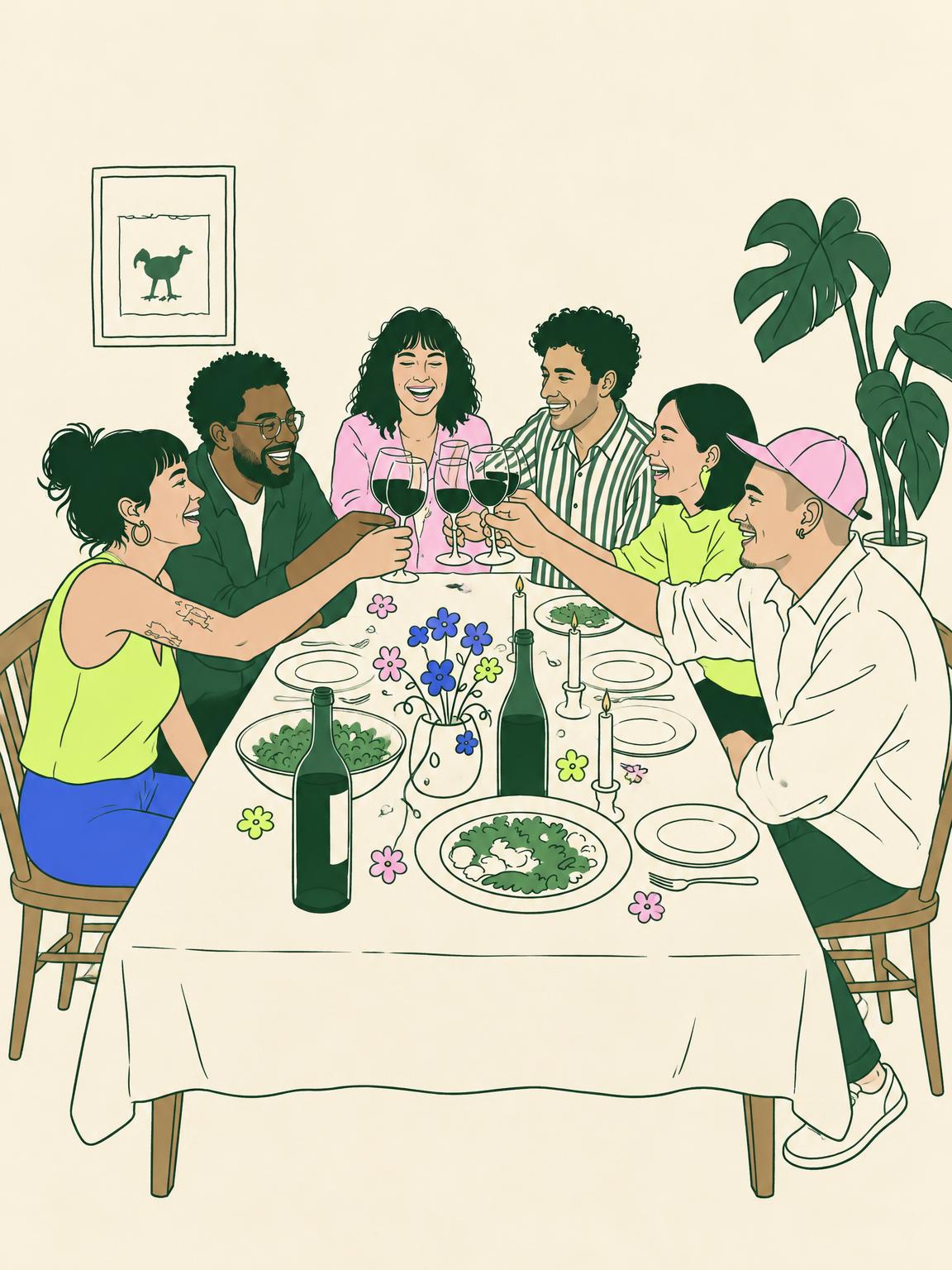 Hand-drawn illustration of six friends laughing and sharing dinner, with green outlines and colorful flowers